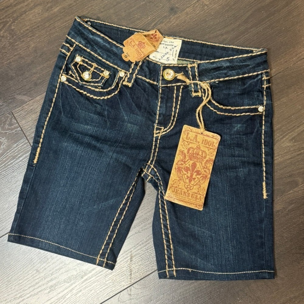 L.A. idol Dark Blue Denim Jean Shorts with Tan Contrast Stitching